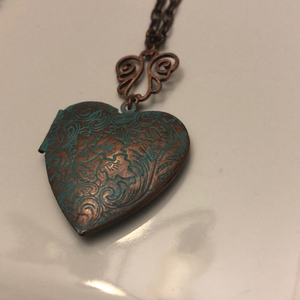 Copper and patina filigree heart necklace locket